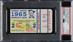 1965 Minnesota Twins (vs. Los Angeles Dodgers) World Series Game 2 Ticket Stub PSA EX-MT 6 - Jim Kaat vs. Sandy Koufax