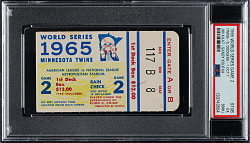 1965 Minnesota Twins (vs. Los Angeles Dodgers) World Series Game 2 Ticket Stub PSA EX 5 (MK) - Jim Kaat vs. Sandy Koufax