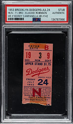 July 24, 1953 Brooklyn Dodgers (vs. Milwaukee Braves) Ticket Stub - PSA - Jackie Robinson Career Home Run #100 and Roy Campanella Career Home Run #142