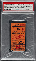 August 25, 1953 Brooklyn Dodgers (vs. Chicago Cubs) Ticket Stub - PSA - Jackie Robinson Two Home Runs - Career Home Runs #102 & 103