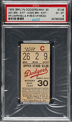 May 30, 1955 Brooklyn Dodgers (vs. Pittsburgh Pirates) Ticket Stub PSA EX-MT 6 - 1 of 1 - Highest Graded - Roy Campanella Two Home Runs