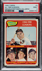 1965 Topps #5 AL RBI Leaders with Harmon Killebrew, Brooks Robinson, and Mickey Mantle PSA MINT 9