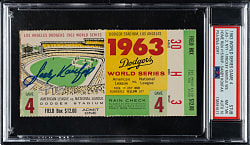 1963 Los Angeles Dodgers (vs. New York Yankees) World Series Game 4 Ticket Stub Signed by Sandy Koufax PSA NM 7 (MK) with GEM MINT 10 Signature - Mickey Mantle Home Run and Sandy Koufax Win