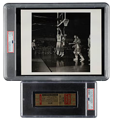 December 11, 1966 Los Angeles Lakers (vs. Cincinnati Royals) Full Ticket PSA VG-EX 4 Plus Original PSA/DNA Type I Photograph From the Same Game - Oscar Robertson 33 Points and Jerry West 37 Points