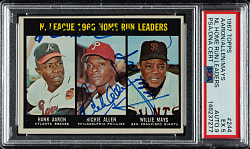 Signed 1967 Topps #244 NL Home Run Leaders with Hank Aaron, Richie Allen, and Willie Mays PSA EX 5 with MINT 9 Signature