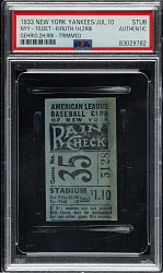 July 10, 1933 New York Yankees (vs. Detroit Tigers) Ticket Stub PSA Authentic - Tony Lazzeri Grand Slam