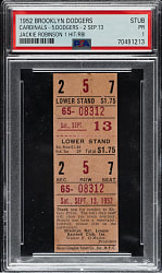 September 13, 1952 Brooklyn Dodgers (vs. St. Louis Cardinals) Ticket Stub PSA POOR 1 - Jackie Robinson One Hit and RBI