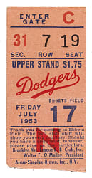 July 17, 1953 Brooklyn Dodgers (vs. St. Louis Cardinals) Ticket Stub - Jackie Robinson Career Home Runs #98 and #99
