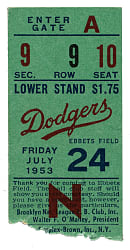 July 24, 1953 Brooklyn Dodgers (vs. Milwaukee Braves) Ticket Stub -  Jackie Robinson Career Home Run #100 and Roy Campanella Career Home Run #142