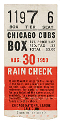 August 30, 1950 Chicago Cubs (vs. Brooklyn Dodgers) Ticket Stub - Jackie Robinson Steals Two Bases and Duke Snider Four RBI