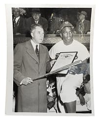 Circa 1950 Jackie Robinson and Ford Frick Hillerich & Bradsby Silver Bat Award Presentation Original The Sporting News Photograph PSA/DNA Type I