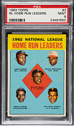 1963 Topps #3 N.L. Home Run Leaders with Aaron, Banks, Cepeda, Mays, and Robinson PSA MINT 9