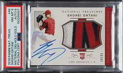 2018 Panini National Treasures Material Signatures #48 Shohei Ohtani Rookie Holo Gold #19/25 PSA NM-MT 8 with NM-MT 8 Signature