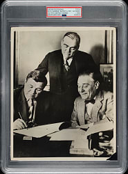 Circa 1950s Babe Ruth, Ed Barrow, and Jacob Ruppert in 1927 Vintage Brown Brothers Photograph PSA/DNA Type IV - Babe Ruth Signs His Contract