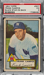 1952 Topps #307 Frank Campos PSA VG 3 - Rare "Black Star On Back" Variation
