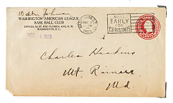 1929 Walter Johnson Signed "Washington American League Base Ball Club" Envelope - JSA