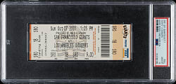October 7, 2001 San Francisco Giants (vs. Los Angeles Dodgers) Full Ticket PSA GEM MINT 10 - Barry Bonds 73rd Home Run