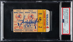 1963 New York Yankees (vs. Los Angeles Dodgers) World Series Game 1 Ticket Stub Signed by Sandy Koufax PSA VG 3 with GEM MINT 10 Signature - Koufax 15 Strikeouts