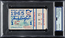 1965 Minnesota Twins (vs. Los Angeles Dodgers) World Series Game 1 Ticket Stub Signed by Sandy Koufax PSA/DNA GEM MINT 10 - Sandy Koufax Sits Out for Yom Kippur