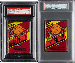 1981-1982 Topps Basketball Unopened Wax Pack PSA NM 7 Pair - Larry Bird and Celtics Leaders on Back