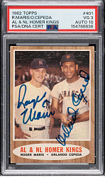 Signed 1962 Topps #401 A.L. & N.L. Homer Kings with Roger Maris and Orlando Cepeda PSA VG 3 with GEM MINT 10 Signature