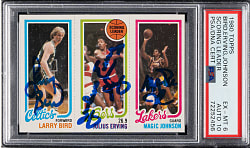 Signed 1980-1981 Topps Basketball Larry Bird/Julius Erving/Magic Johnson Rookie PSA EX-MT 6 with GEM MINT 10 Signature