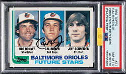 Signed 1982 Topps #21 Cal Ripken Jr. Rookie PSA NM-MT 8 with GEM MINT 10 Signature (MBA Gold Diamond)