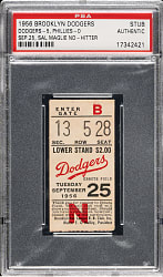 September 25, 1956 Brooklyn Dodgers (vs. Philadelphia Phillies) Ticket Stub PSA Authentic - Sal Maglie No-Hitter and Jackie Robinson Last Career Double