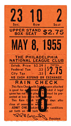 May 8, 1955 Philadelphia Phillies (vs. Brooklyn Dodgers) Ticket Stub - Gil Hodges and Duke Snider Home Runs