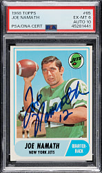 Signed 1968 Topps Football #65 Joe Namath PSA EX-MT 6 with GEM MINT 10 Signature