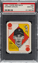 1951 Topps Red Back #30 Warren Spahn PSA GEM MINT 10 - 1 of 3!