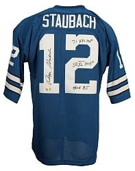 Roger Staubach Signed Dallas Cowboys Jersey with "71 NFL MVP", "SB VI MVP", and "HOF 85" Inscriptions - Beckett