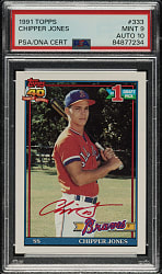 Signed 1991 Topps #333 Chipper Jones Rookie PSA MINT 9 with GEM MINT 10 Signature