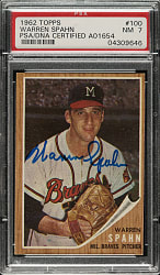 Signed 1962 Topps #100 Warren Spahn PSA NM 7