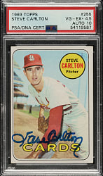 Signed 1969 Topps #255 Steve Carlton PSA VG-EX+ 4.5 with GEM MINT 10 Signature