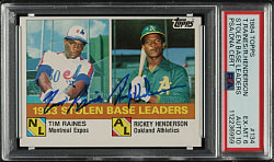 Signed 1984 Topps #134 Stolen Base Leaders with Tim Raines and Rickey Henderson PSA EX-MT 6 with GEM MINT 10 Signatures