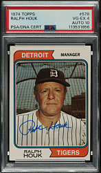 Signed 1974 Topps #578 Ralph Houk PSA VG-EX 4 with GEM MINT 10 Signature