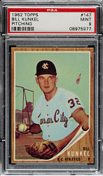 1962 Topps #147 Bill Kunkel Pitching PSA MINT 9