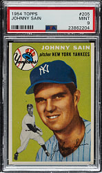 1954 Topps #205 Johnny Sain PSA MINT 9