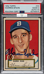 Signed 1952 Topps #33 Warren Spahn PSA GOOD 2 with GEM MINT 10 (MBA Silver Diamond)