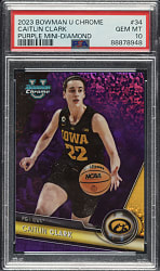 2023-2024 Bowman University Chrome Basketball #34 Caitlin Clark Purple Mini-Diamond Refractor #395/399 PSA GEM MINT 10