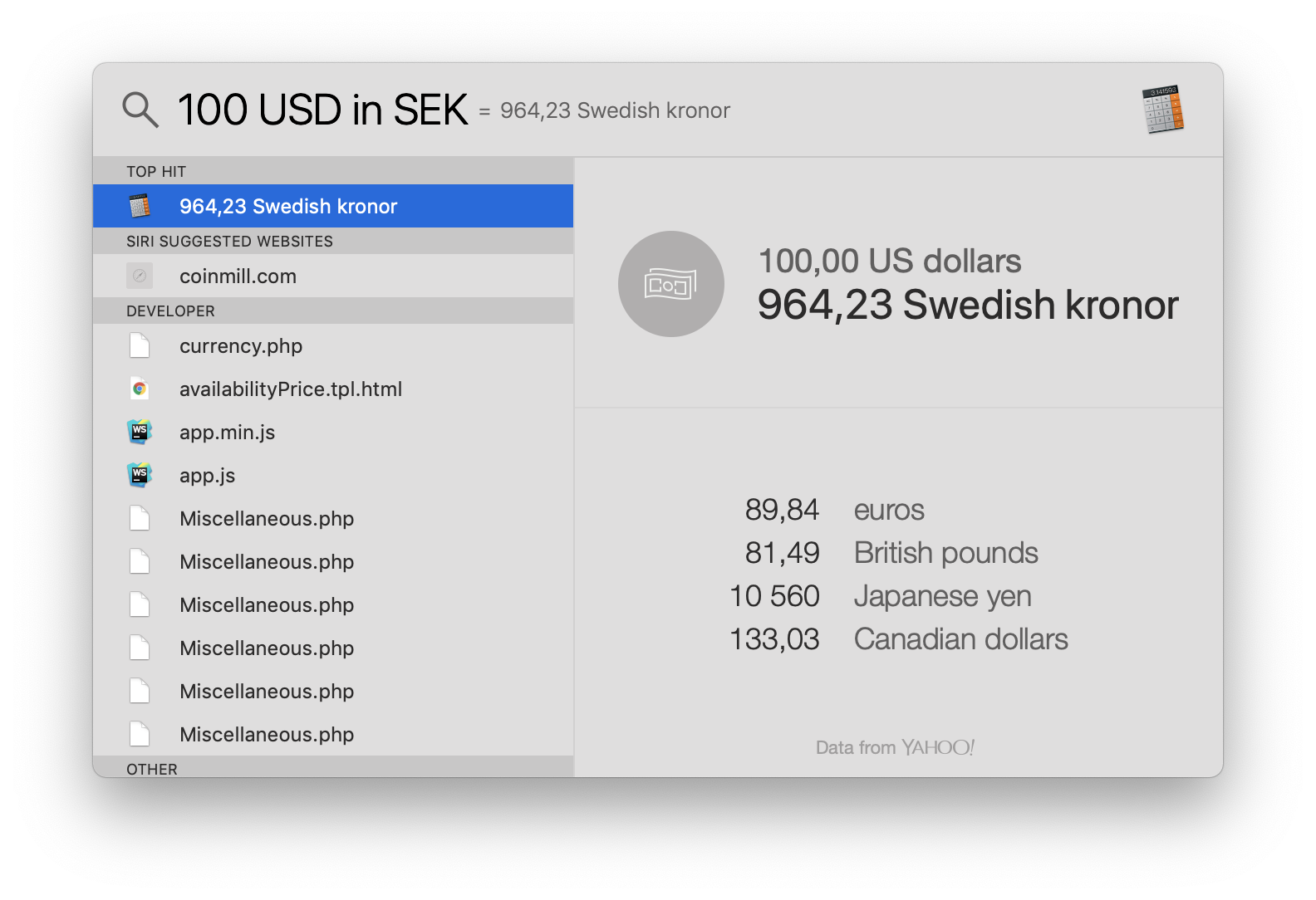 Currency conversion in Spotlight