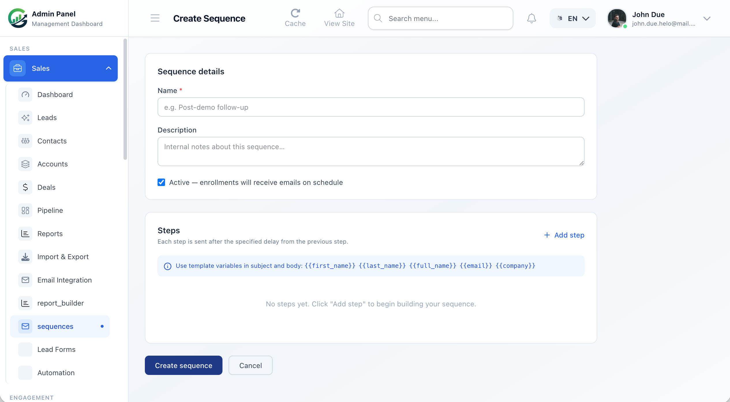 Email sequences screenshot