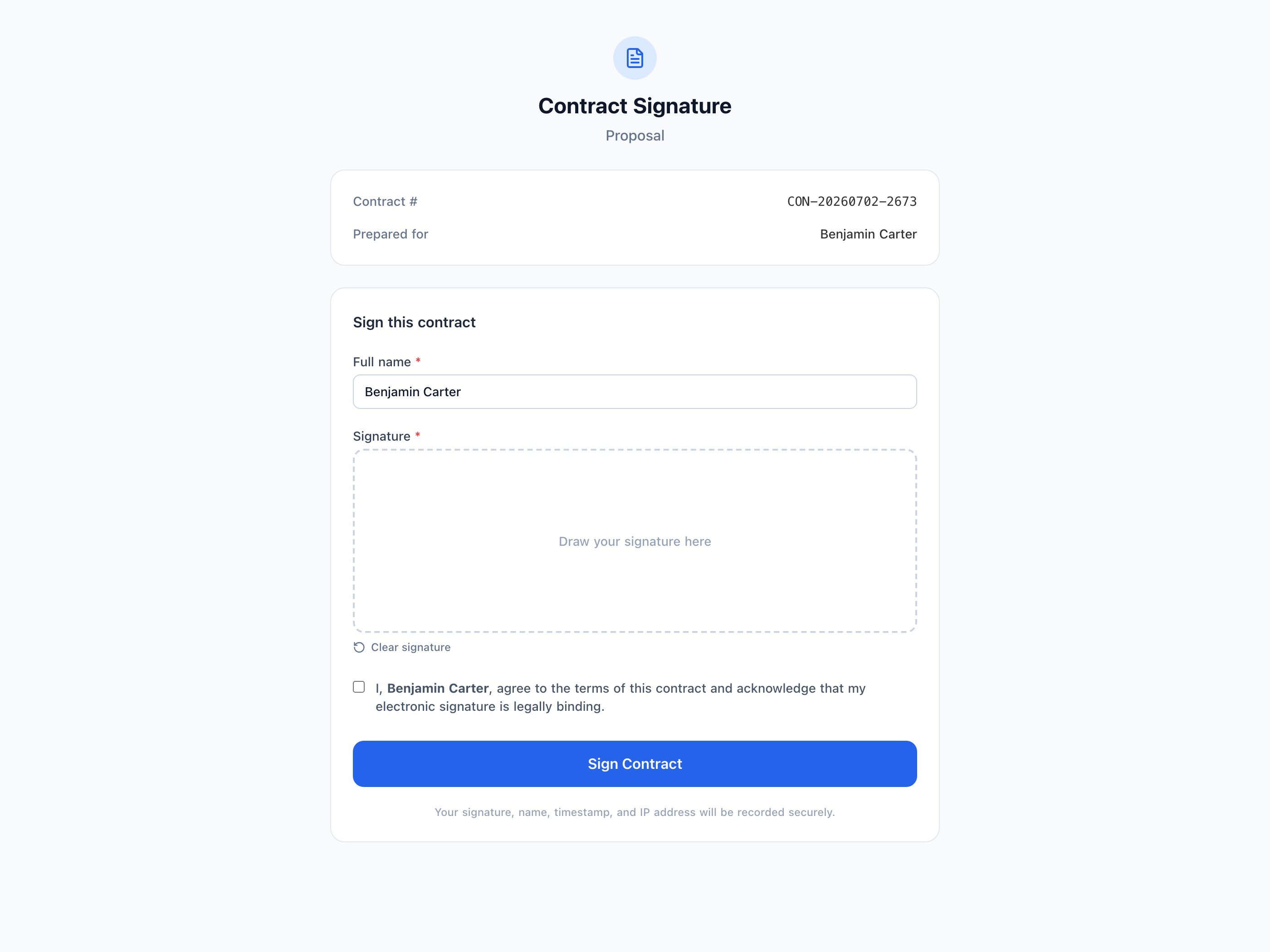 Contract e-signature screenshot