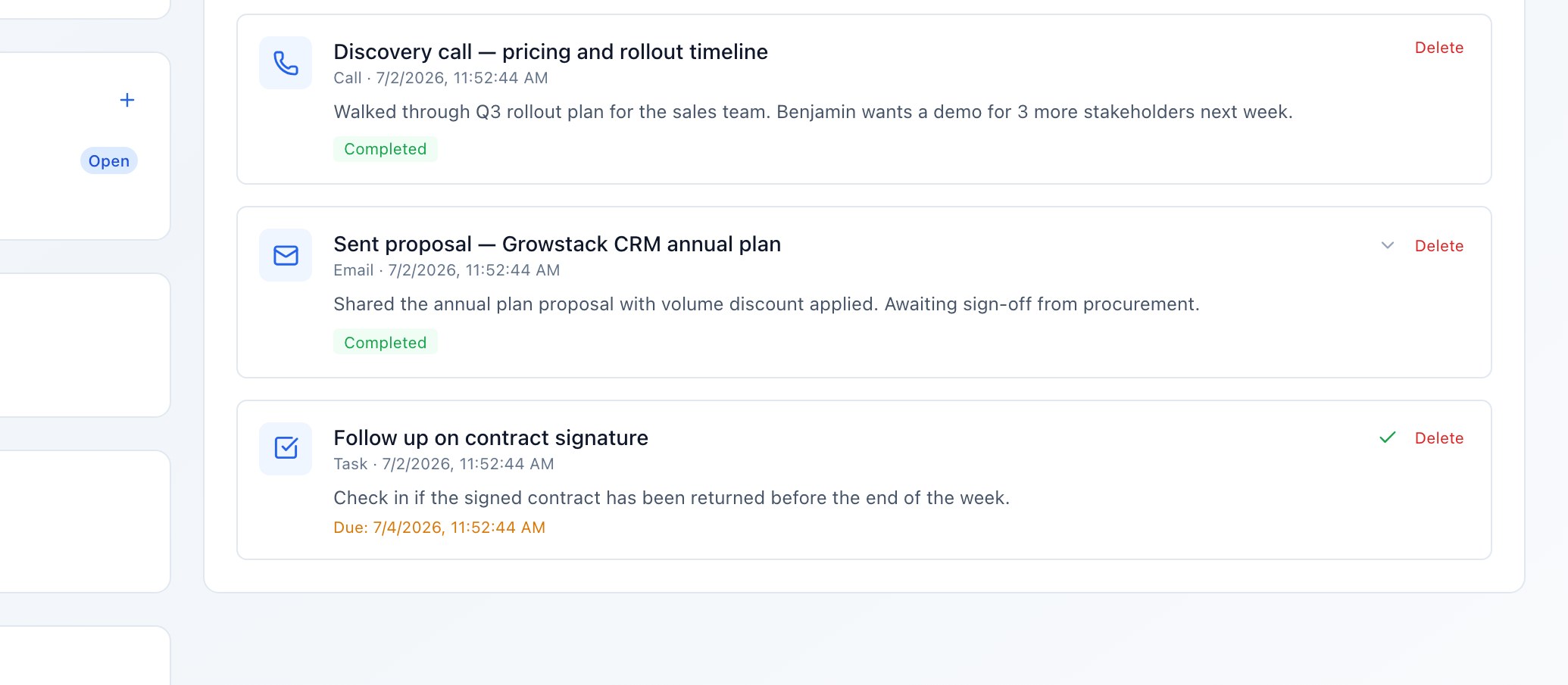 Contact activity timeline screenshot