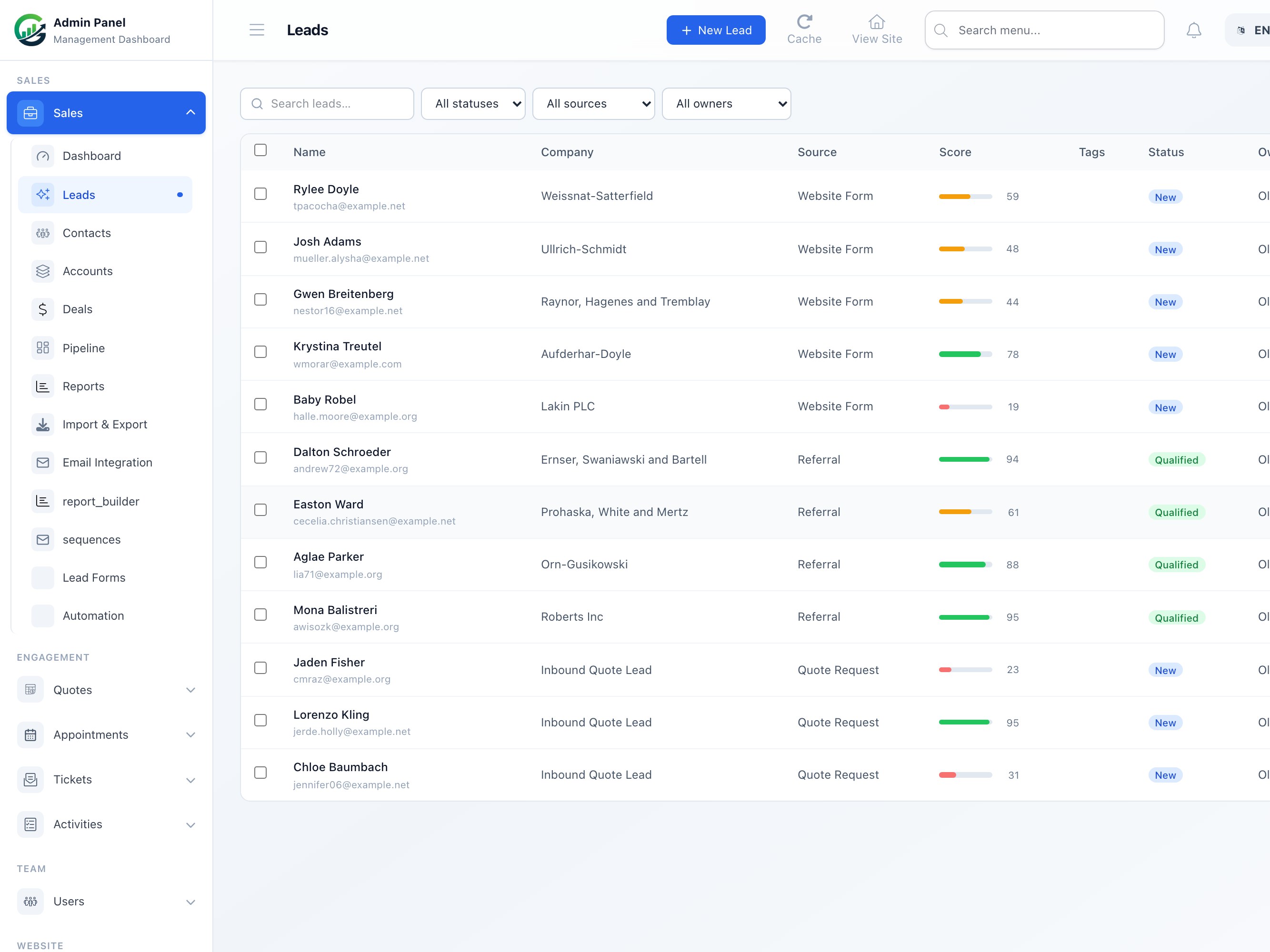 Lead management screenshot