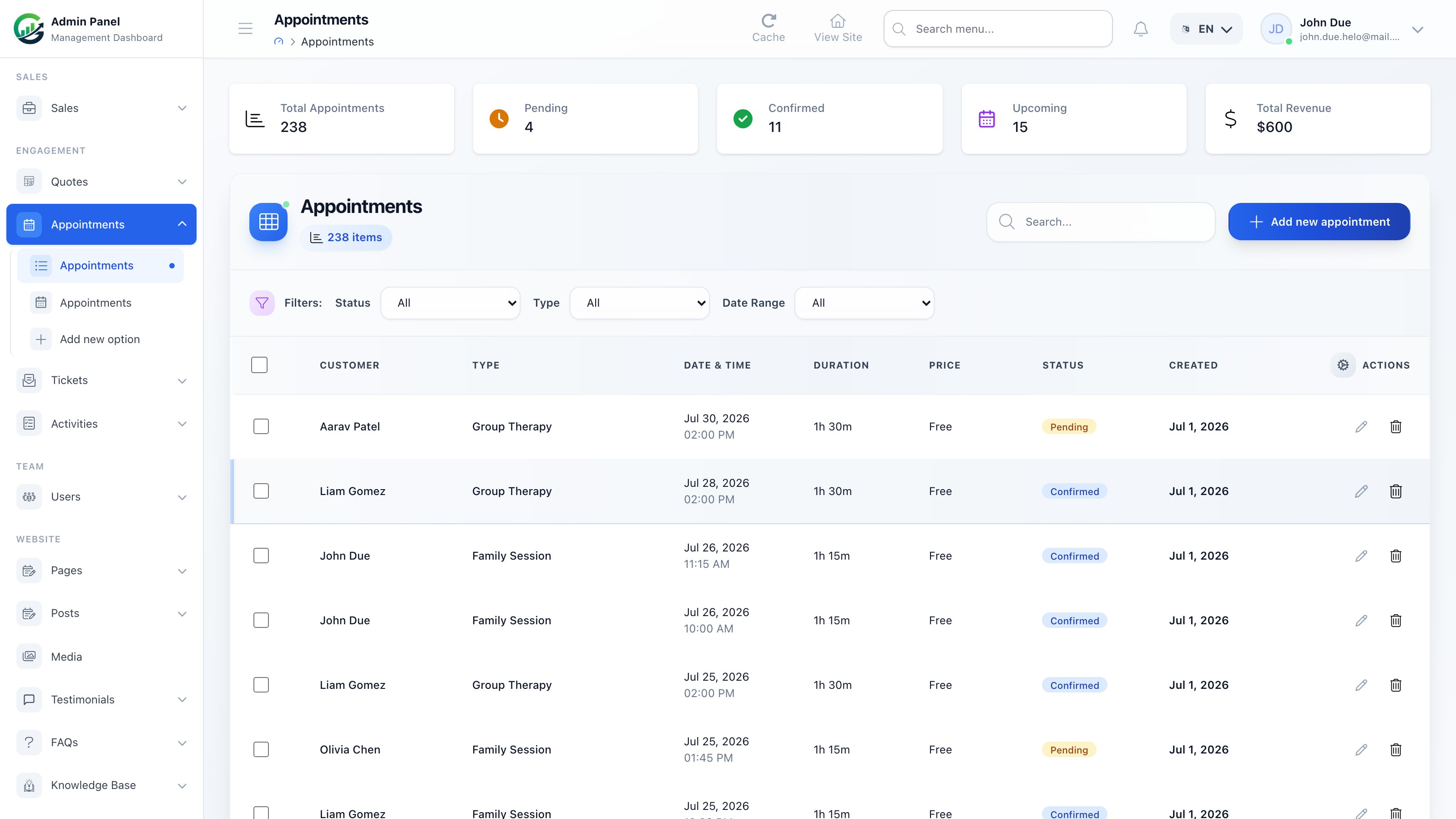 Appointments and scheduling screenshot