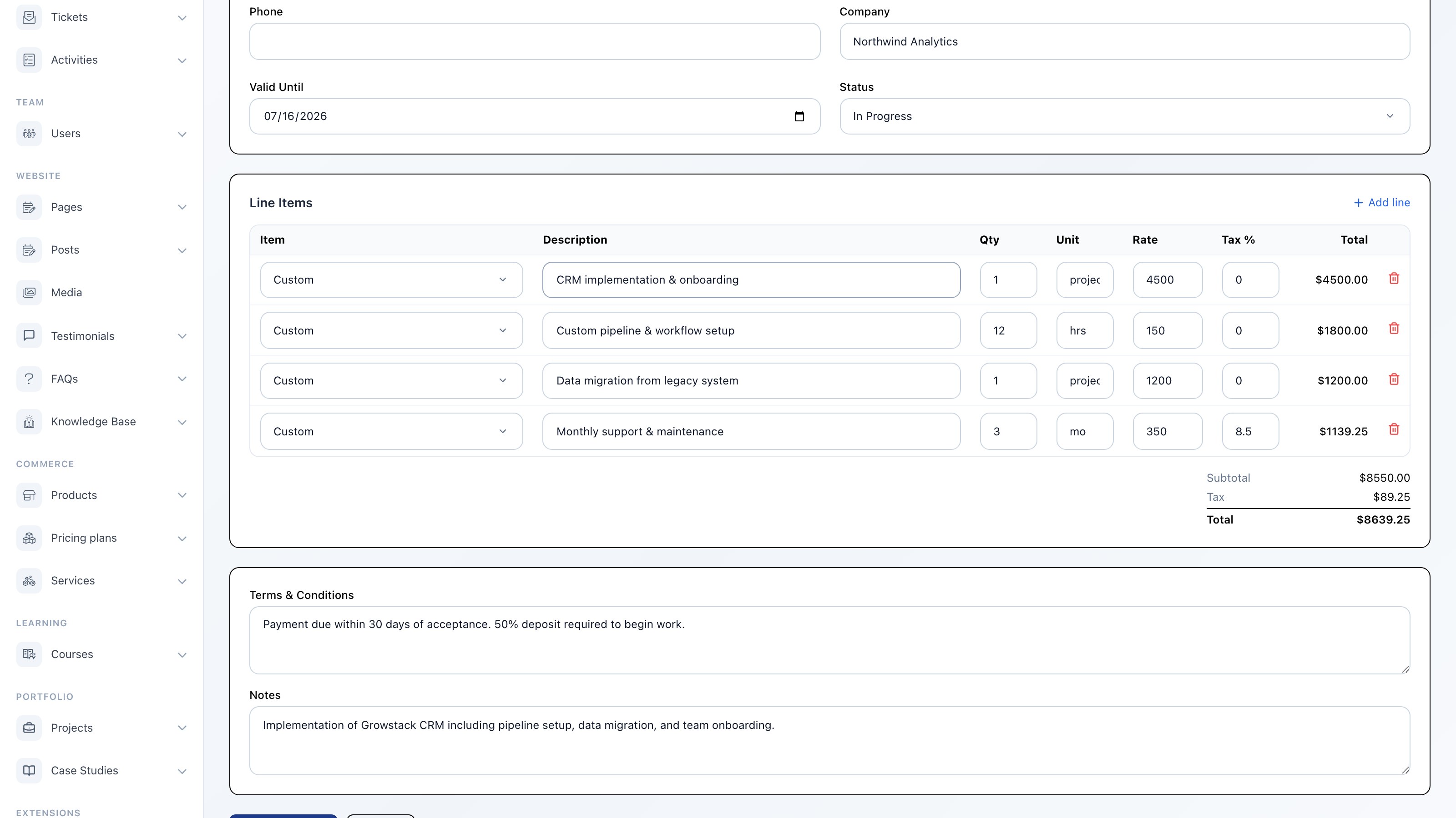 Quotes and estimates screenshot
