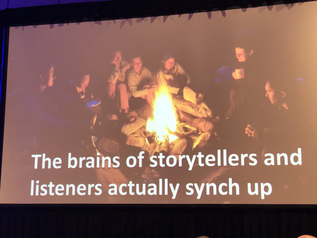 Campfire with people around it and caption reading: The brains of storytellers and listeners actually synch up