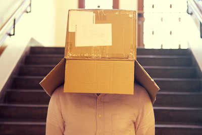 roboboogie Optimization Strategist, Duncan Lawrence with a cardboard box on his head
